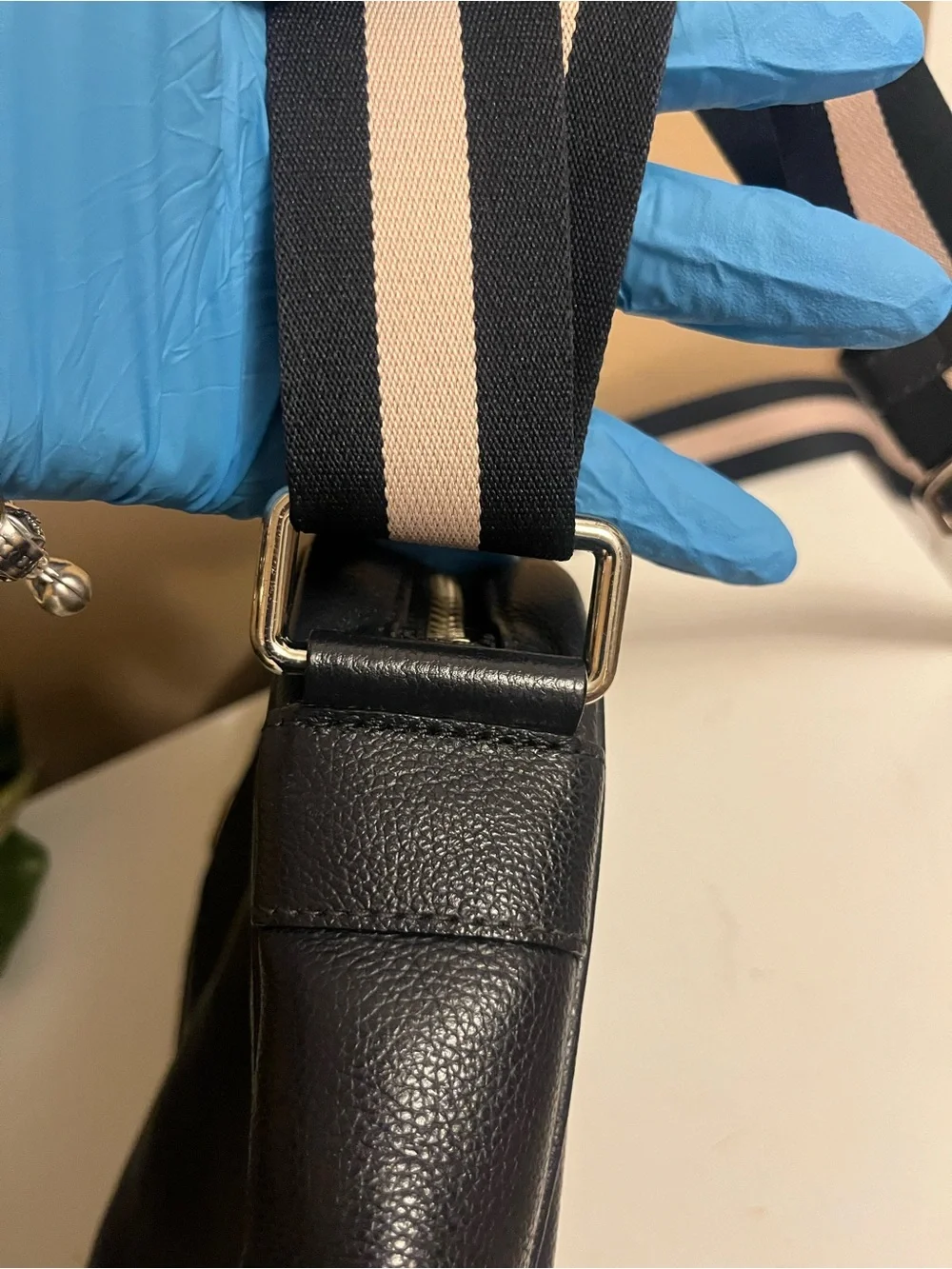 Men's Dark Navy Leather Crossbody Bag with Striped Strap